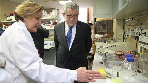La Profesora Llanos Palop explica al Consejero el trabajo en el laboratorio